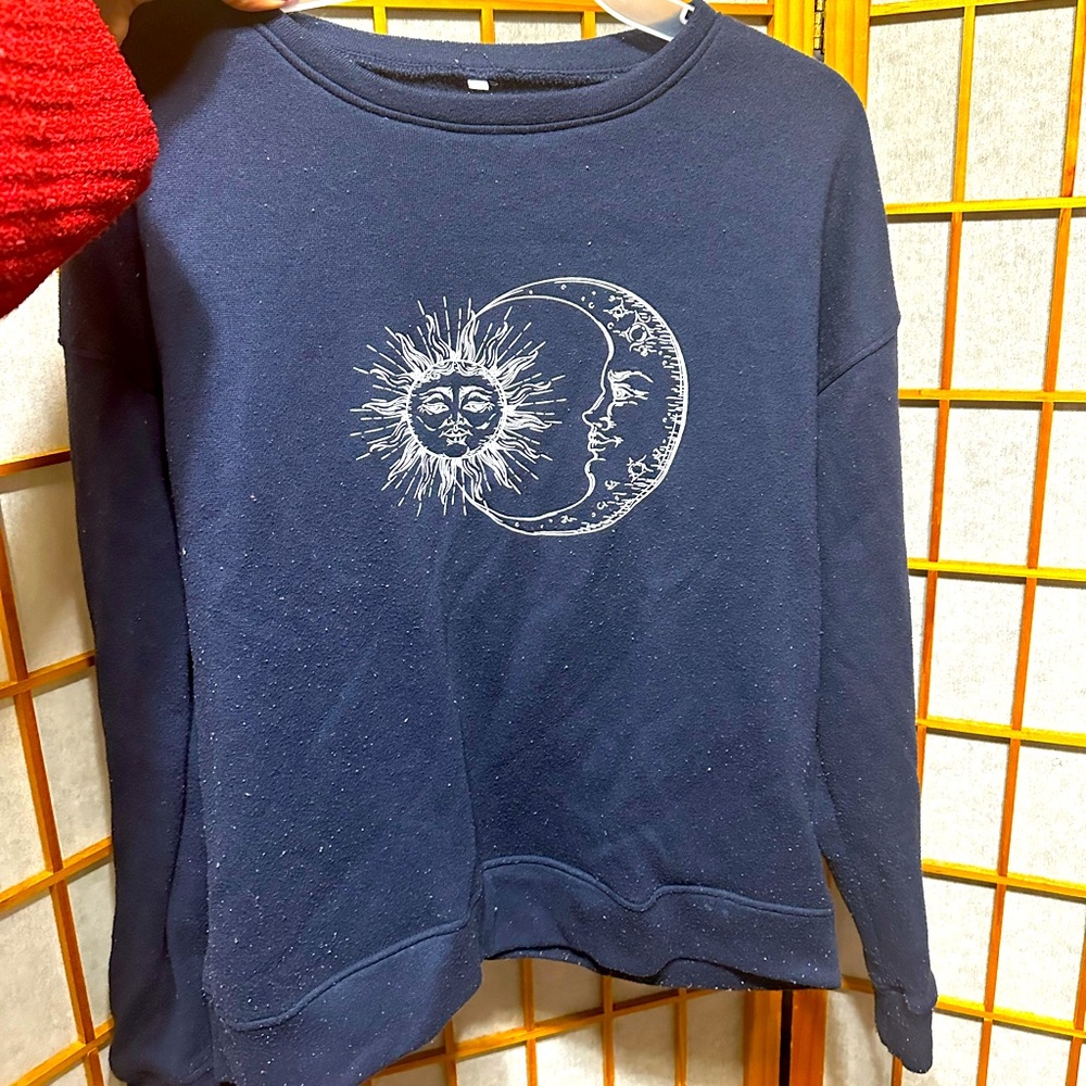 Women’s Casual Long-sleeve Blue Sun and Moon Sweatshirt Size M